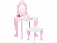 Coiffeuse enfant design girly motif coeur - tiroir, miroir, tabouret inclus - mdf - blanc rose