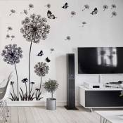 Lot de 2 stickers muraux fleur de pissenlit noir (30 x 90 cm x 2) i papillon plante branche arbre i autocollant mural autocollant pour salon chambre