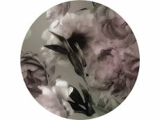 Papier peint panoramique rond adhésif fleurs gris