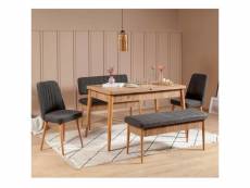 Set table extensible, 2 chaises, banc et banquette malva bois clair et tissu anthracite