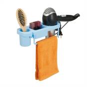 Support à sèche-cheveux sans perçage, plastique, porte-fil et étagères, HxLxP : env. 9x30x10,5 cm, bleu clair - Relaxdays