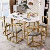 Ensemble table de salle à manger en imitation marbre ensemble de table de cuisine avec table et 6 chaises à dossier, structure métallique, Doré - Doré