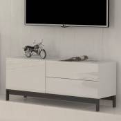 Meuble tv de salon design moderne 2 tiroirs blanc brillant