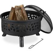 Relaxdays - Braséro avec grille de barbecue, pare-étincelles et tisonnier, pour le jardin, ø 60 cm, en acier noir/argenté