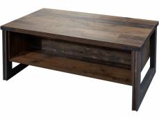 Table basse vintage vieux bois usé et métal gris avec rivets 140 cm