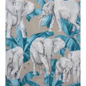 Tissu imprimé éléphants et feuillages - Turquoise