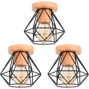 Wottes - 3x Plafonnier Industriel Rétro Créatif fer Diamant Cage Lampe de Plafond en Bois Noir
