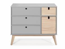 Commode, meuble de rangement en pin et mdf coloris gris clair, naturel - longueur 90 x profondeur 40 x hauteur 80 cm