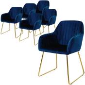 ML-Design Set de 6 Chaises de Salle à Manger, Bleu, Assise Rembourrée en Velours, Pieds Dorés en Métal, avec Dossier et Accoudoirs Ergonomiques,