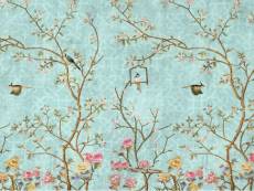 Papier peint panoramique fleurs et oiseaux bleu, rose