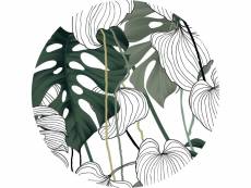 Papier peint panoramique rond adhésif feuilles tropicales vert, blanc et noir - 601147 - ø 140 cm 601147