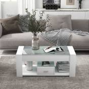 Table basse de salon avec plateau en verre, casiers et rangements, blanc 100 x 50 x 40 cm