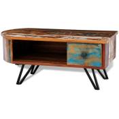 Table basse en bois multicolore avec compartiment et tiroir et pieds en acier