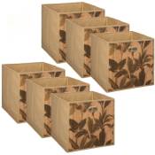 Toilinux - Lot de 6 Boîtes de rangement imprimé tropical en bambou et tissu - Longueur/Largeur/Hauteur 31 cm - Marron