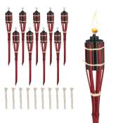 Torche de jardin en bambou, lot 10, décoration pour fête, avec mèches supplémentaires, 50x6 cm, rouge - Relaxdays