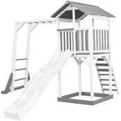 Beach Tower Aire de Jeux avec Toboggan en blanc, Cadre d'escalade & Bac à Sable Grande Maison enfant extérieur en gris & blanc Cabane de Jeu en Bois