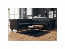Canapé confortable d'angle chesterfield 5 places cuir synthétique noir