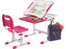 Costway bureau enfant à hauteur réglable inclinable 0-45°, ensemble table et chaise avec plateau, 1 tiroir et crochet en métal rose