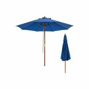 Costway - Parasol de Jardin Pliable 2,9M avec Mécanisme de Poulie à Corde Poteau en Bois 8 Baleines en Fibre de Verre pour Cour, Bleu