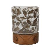 Cote Table - Photophore verre bois feuilles séchées 10x14cm - Marron et blanc