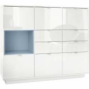 Vladon - Buffet haut Metro V2 Cabinet Commode Blanc haute brillance insert coloré - Insertion en Denim mat sans éclairage led - Insertion en Denim