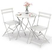 Vounot - Ensemble bistro extérieur 1 table 2 chaises acier blanc