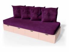 Banquette cube 200 cm + futon + coussins rose pastel