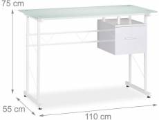 Bureau moderne avec plaque de verre tiroir latéral pour chambre d’ado 110 cm blanc helloshop26 13_0000560