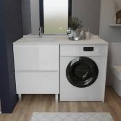 Meuble pour lave-linge idea, plan vasque déportée 124 cm x 65 cm- Blanc- Vasque à gauche - Blanc