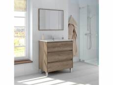 Meuble sous-vasque à trois tiroirs et un miroir encadré, coloris chêne imitation bois brut, 80 x 86 x 45 cm. 8052773474108
