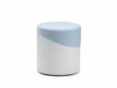 Pouf rond cylindrici bois, métal et tissu blanc et bleu fumée