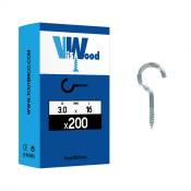 Viswood - 200 crochets d'armoire 3 x 16mm acier zingué