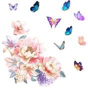 1 ensemble de grands autocollants muraux papillons de fleurs, autocollants muraux papillons colorés de pivoine rose, décalcomanies murales amovibles