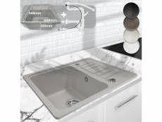 Aquamarin® évier en granit - avec 1 bac et égouttoir, kit de vidange, 56.9 x 44.9 cm, à encastrer ou sous plan, gris - évier de cuisine, équipement de