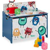 Coffre à jouets, motif monstres, malle de jeux avec couvercle, hlp : 50x60x36,5 cm, mdf, rangement, bleu/blanc - Relaxdays