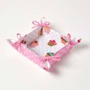 Homescapes - Corbeille à pain carré - Tissu Pois Rose et Imprimé Cupcakes Réversible - Rose