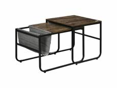 Lot de 2 tables basses gigognes design industriel encastrable - pochette rangement intégrée polyamide gris - métal noir aspect vieux bois