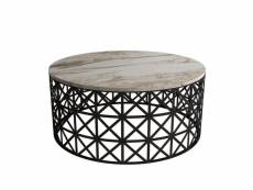 Table basse ovale ellipticum support grille ajouré bois marbre blanc et métal noir