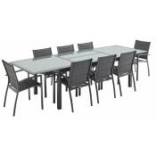 Sweeek - Salon de jardin table extensible - Philadelphie Gris anthracite - Table en aluminium 200/300cm. plateau de verre. rallonge et 8 fauteuils en