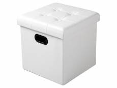 Tabouret pouf coffre-boîte de rangement rembourré en similicuir-37-5 x 37-5 x 38 cm-blanc