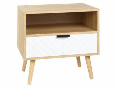 Chevet table de nuit design scandinave tiroir + niche bois pin panneaux particules motif chevrons blanc aspect chêne clair