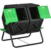 Composteur de jardin - bac à compost pour déchets - rotatif 360° - double chambre 130 L - acier PP vert noir