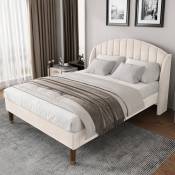 Fortuna Lai - Lit double capitonné 140x190cm avec sommier à lattes en bois et tête de lit, lit ado, lit enfant - lit en velours beige