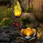 Lampe solaire flamme design extérieur fleur solaire extérieur fleur de lotus verre craquelé solaire, gris, ampoules led, 1x fleur de lotus 1x design