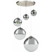 Lampe suspendue salle à manger lampe de table à manger moderne boules de verre 5 boules de flamme lampe verre grand, nickel chrome clair mat, 5x E27,
