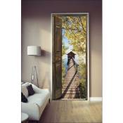 Plage - Sticker porte, trompe l'oeil porte en bois ouverte vue d'automne, 204 cm x 73 cm - Marron