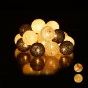 Relaxdays Guirlande Lumineuse LED, 20 Boules de Coton, Fonction à Piles, Lumières d’Ambiance, Sphères Ø6 cm, Blanc Gris Noir
