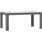Table de repas extensible 160 cm, plateau blanc laqué et piétement bois gris - Collection ALEXIANE
