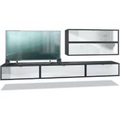 Vladon - Combinaison murale meuble salon Lana V2 Noir - haute brillance & tons naturels - Façades en Blanc haute brillance - Façades en Blanc haute