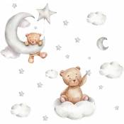 Autocollant mural ours en peluche, autocollant mural amovible pour enfants, nuage de lune, étoiles d'ours mignonnes